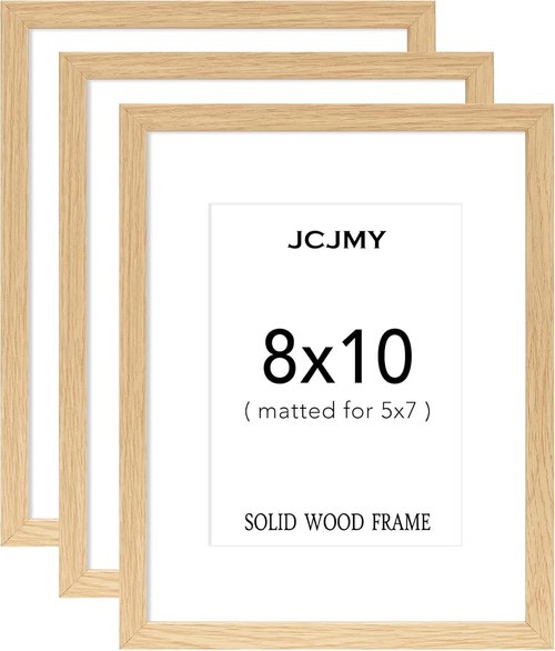 JCJMY 8x10 Picture Frame Set of 3 - Solid Wood Design with Shatter-Resistant Plexiglass | Natural Finish