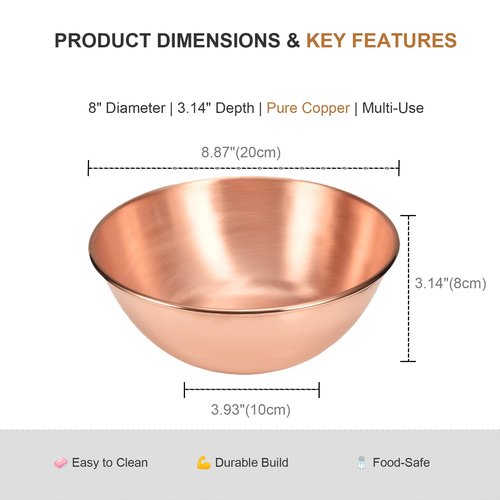 EnerMagiX Copper Mixing Bowl, 99.9% Pure Copper Bowl for Salad, 7.9 inch Diameter, Egg Beating, Decorative & Kitchen Serving Purposes