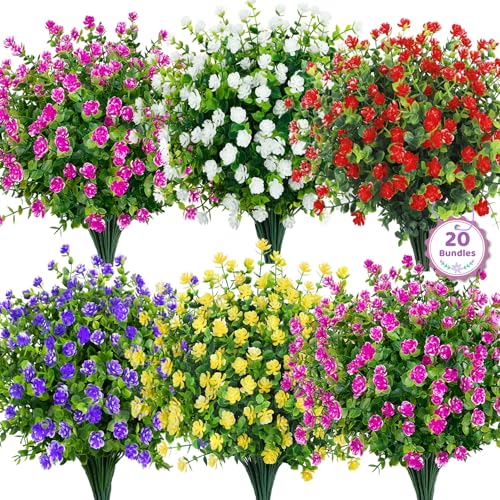 Bassion 20-Bundle Multicolor Artificial Flowers, UV Resistant Faux Plants