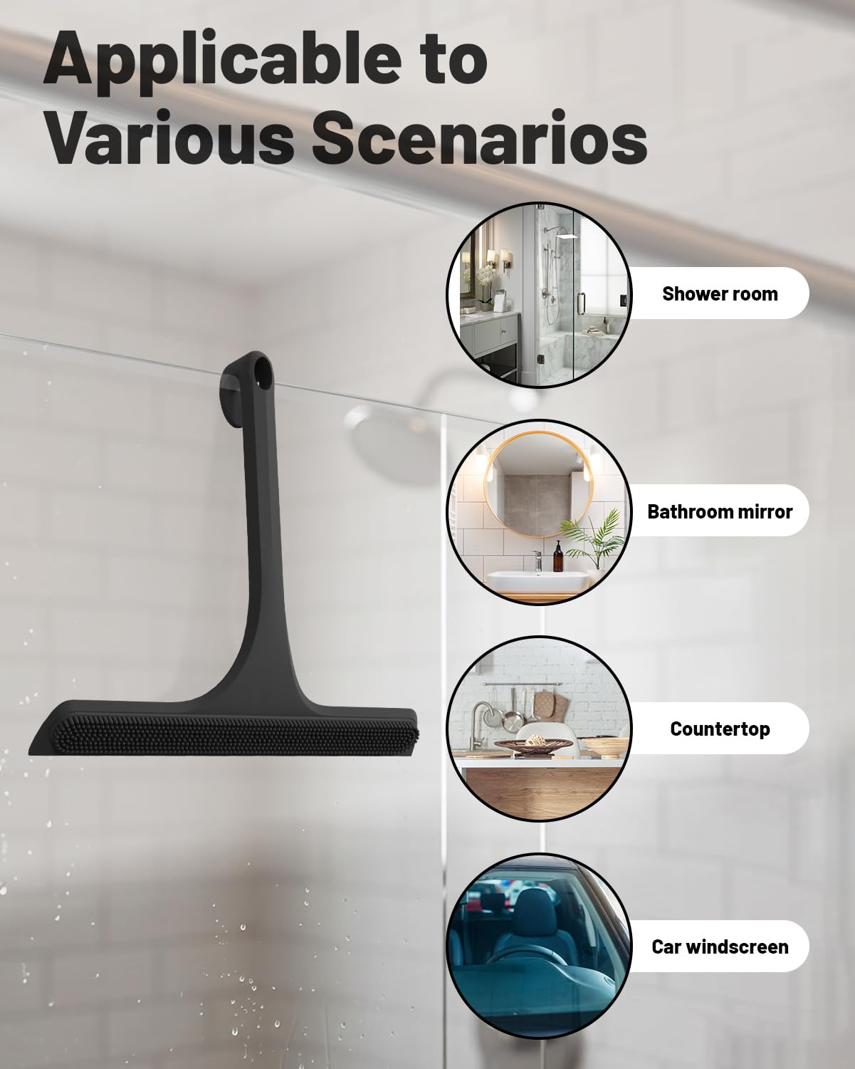 2-in-1 Silicone Shower Squeegee with Hook,Dual-Sided Design with Scraper & Scrub Surface,Rust-Proof Stainless Core,Streak-Free Bathroom Squeegee for Glass Doors,Mirrors,Windows,Car Windshields (Black)