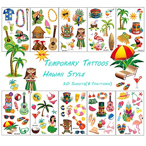 Temporary Tattoos for Kids and Adults - 87Pcs Hawaii Cartoon Waterproof