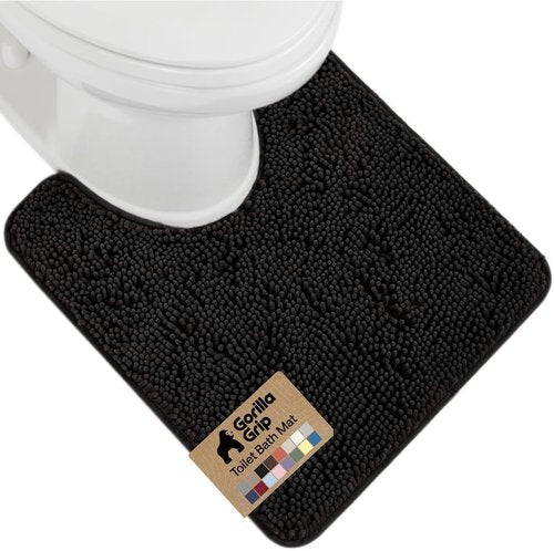 GORILLA GRIP Plush Bath Rug Mat - Absorbent Shaggy Chenille for Oval Toilet Base, Machine Washable, Black