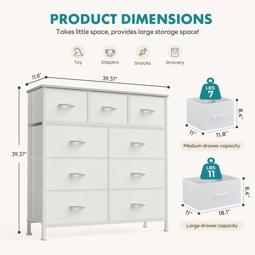 OLIXIS 9 Drawer Storage Dresser with Wood Top - Wide Fabric Chest Organizer for Bedroom, Closet, Living Room,Tower Cabinet, TV Stand, Hallway Entryway Furniture,Bright White