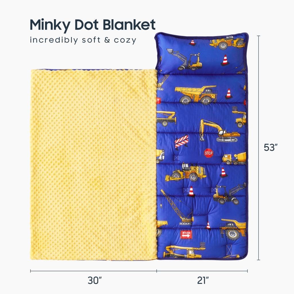 Wake In Cloud - Toddler Nap Mat with Pillow and Minky Fleece Blanket, for Kids Boys Girls in Daycare Preschool Kindergarten, Roll Up Sleeping Bag, Car Excavator Blue, Standard Size