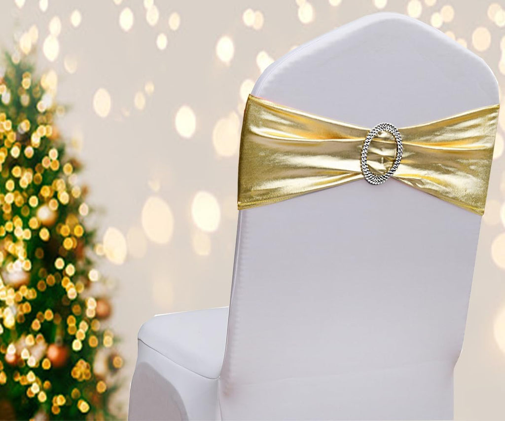 Spandex Gold Chair Sashes - 50 Pack Stretch Chair Bands with Buckles for Wedding & Event Decor - Metal Gold