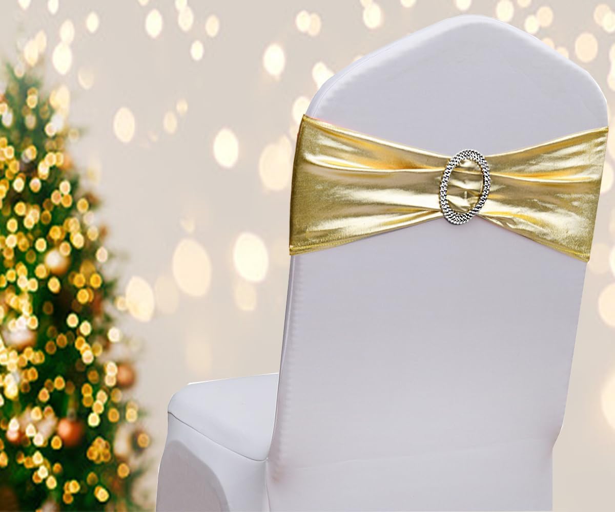 Spandex Gold Chair Sashes - 50 Pack Stretch Chair Bands with Buckles for Wedding & Event Decor - Metal Gold