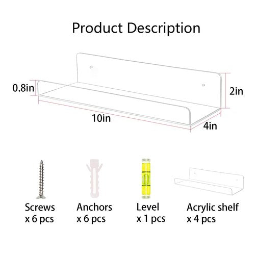 TONICE 4 Pack Acrylic Shelves for Wall 10in Floating Shelf Wall Mounted Set for Room, Bedroom, Bathroom, Kitchen, Living Room, Office Book Shelf Storage Decor