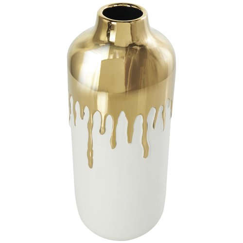 CosmoLiving by Cosmopolitan Ceramic Decorative Vase Centerpiece Vase with Abstract Gold Melting Drips, Flower Vase for Home Decoration 5" x 5" x 14", White