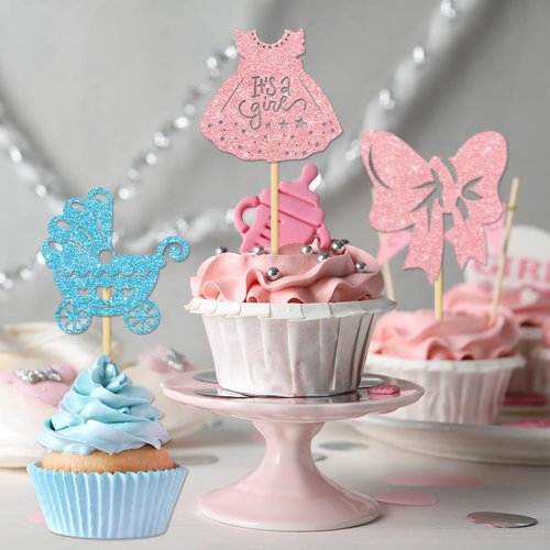 36PCS Gender Reveal Cupcake Toppers – Pink and Blue Color Scheme Baby Shower Decorations with Glitter Paper Bottles, Bows, Bodysuits, Pants, Dresses & Feet for Boy or Girl Party