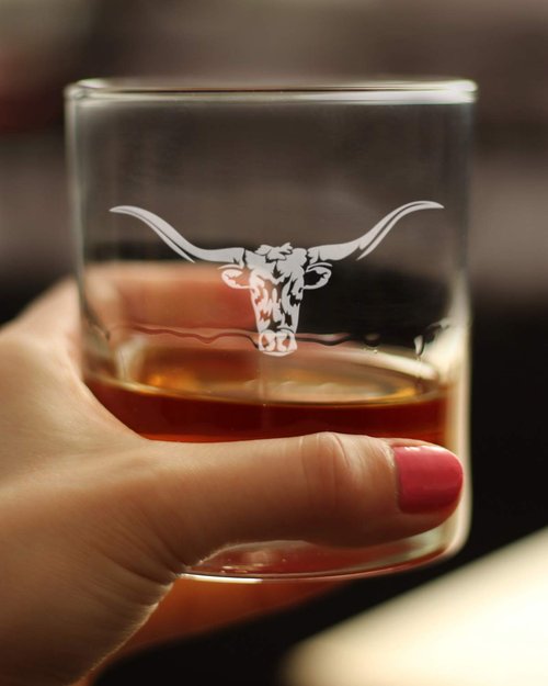 Bevvee Longhorn - Whiskey Rocks Glass - Set of 4 - Western Themed Farm Decor and Gifts for Texan Ranchers - 10.25 Ounce