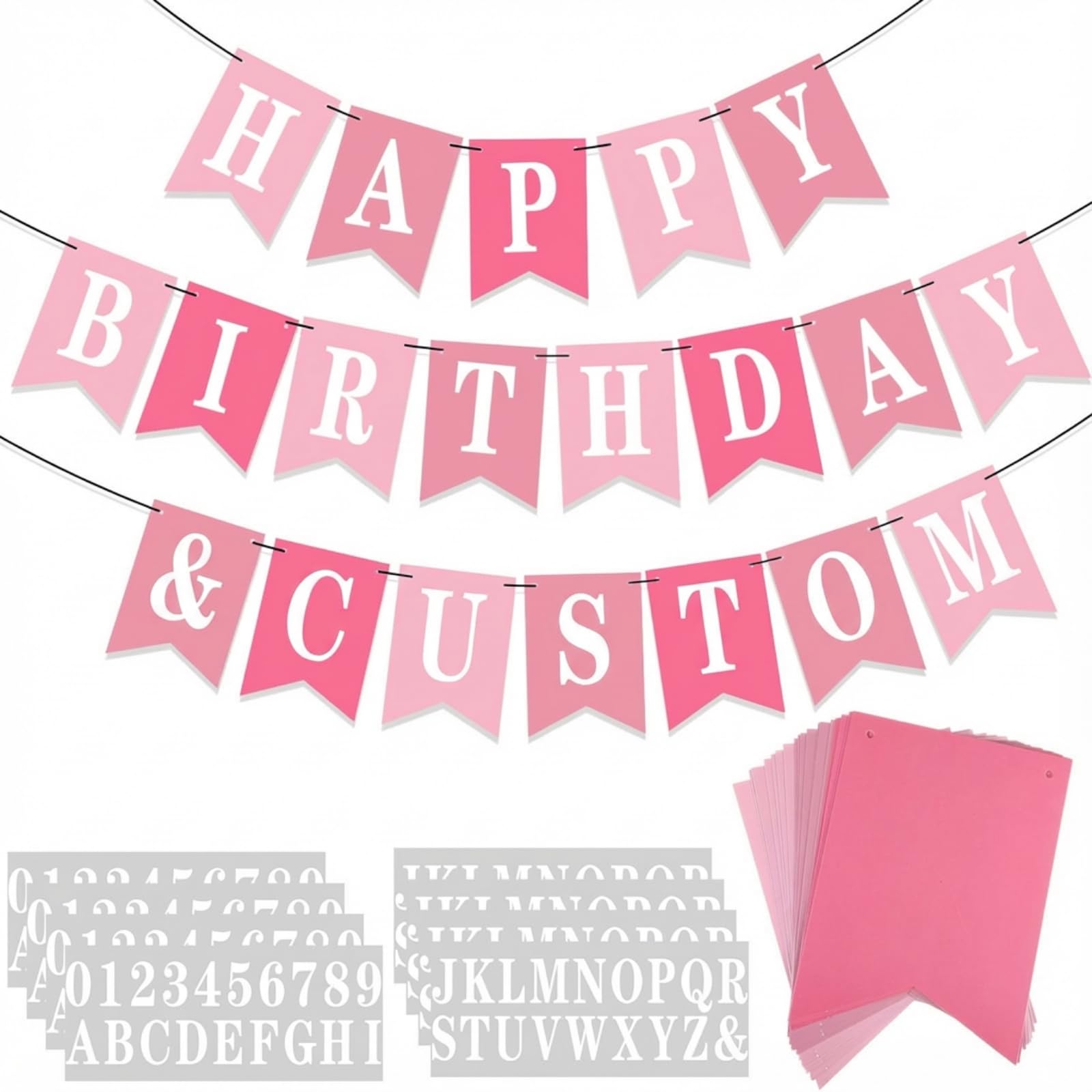 Mooliwe 171 Pcs DIY Custom Banner Kit Make Your Own Customizable Sign for Birthday Wedding Party Decoration Include 20 Paper Pennant 148 Letters and Numbers 1 Rope 2 Threading Device (Pink)