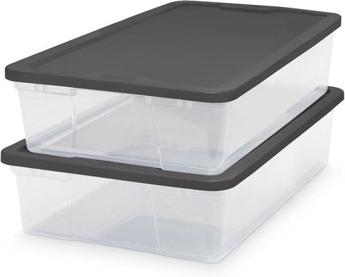 HOMZ 2-Pack Snaplock Small Clear Plastic Storage Bins - 28 Quart Stackable Organizers in Gray