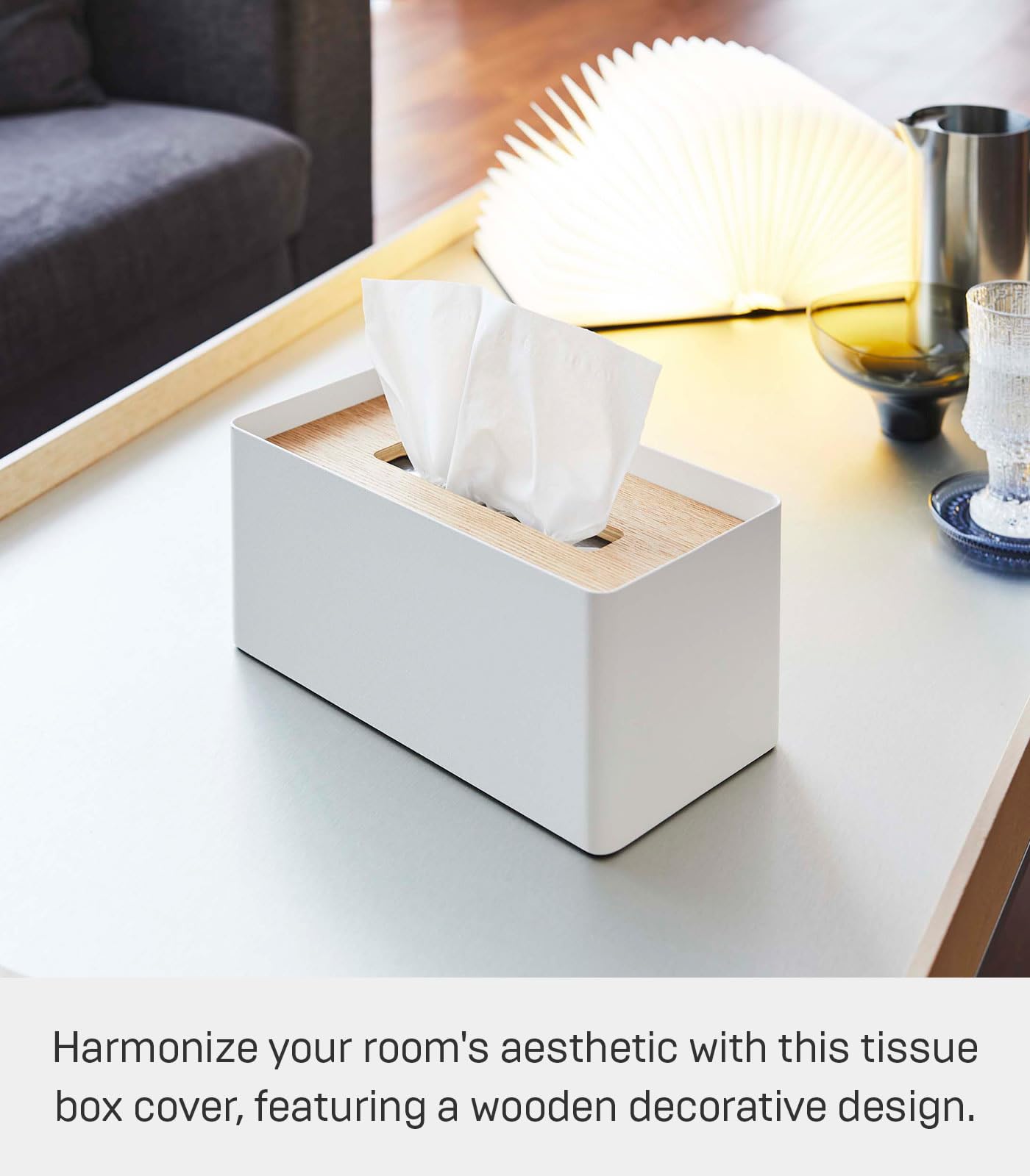 Yamazaki Home Rin Reusable Tissue Box Cover Metal Holder Container Case with Natural Wooden Lid - Steel