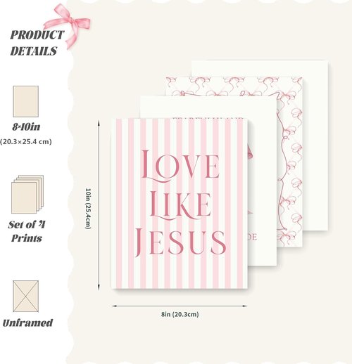 LARTSFRO Coquette Pink Bow Wall Art - Inspirational Christian Decor for Bedroom & Dorm | Set of 4 Unframed 10x8 Inch Prints