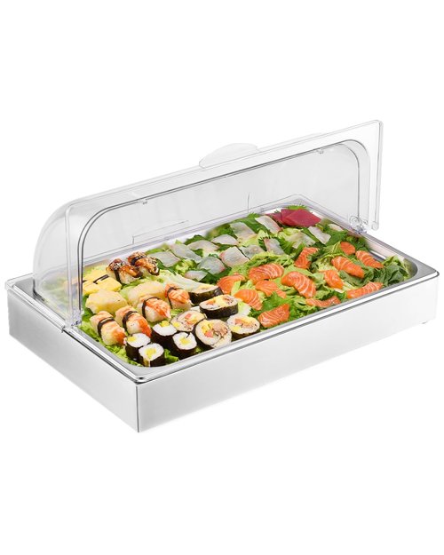 VEVOR Countertop Food Serving Display Container, 1 x 1 Pan Stainless Steel Food Serving Tray, Buffet Condiment Dispenser Display Rack with Clear Lid & 3 Ice Trays, for Restaurant Hotel Kitchen Party