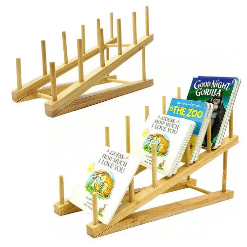 2 PCS Book Display Stand Holder, 5-Tier Wooden Kids Bookshelf, Toddler Book Rack Organizer for Magazines, Children Tabletop Book Display Shelves for Living Room Bedroom Home Office