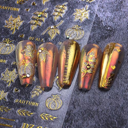 Fall Nail Stickers 5D Pumpkin Maple Leaf Decals with Autumn Rhinestones