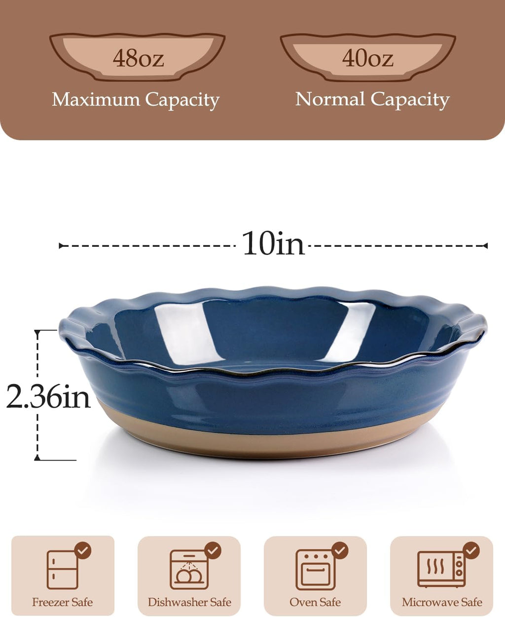 NUTRIUPS 10-Inch Round Pie Baking Dish - Oven Safe Kitchen Bakeware in Blue