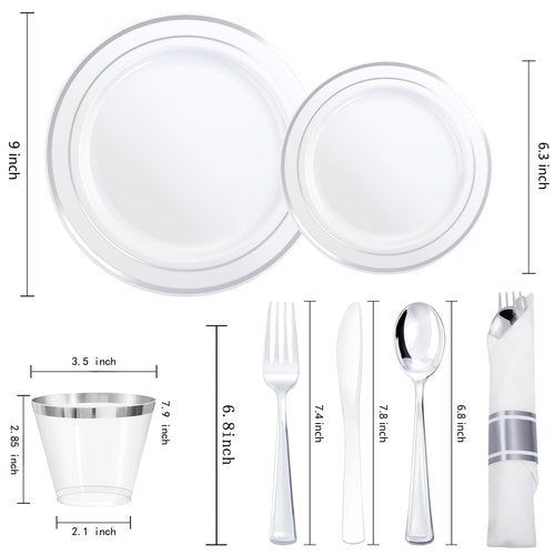 WDF Partyware 350Piece Silver Plastic Dinnerware Set for 50 Guests - Silver Plastic Plates with Cutlery Include:50Dinner Plates-50Dessert Plates-50Pre Rolled Napkins with Silverware Party Wedding