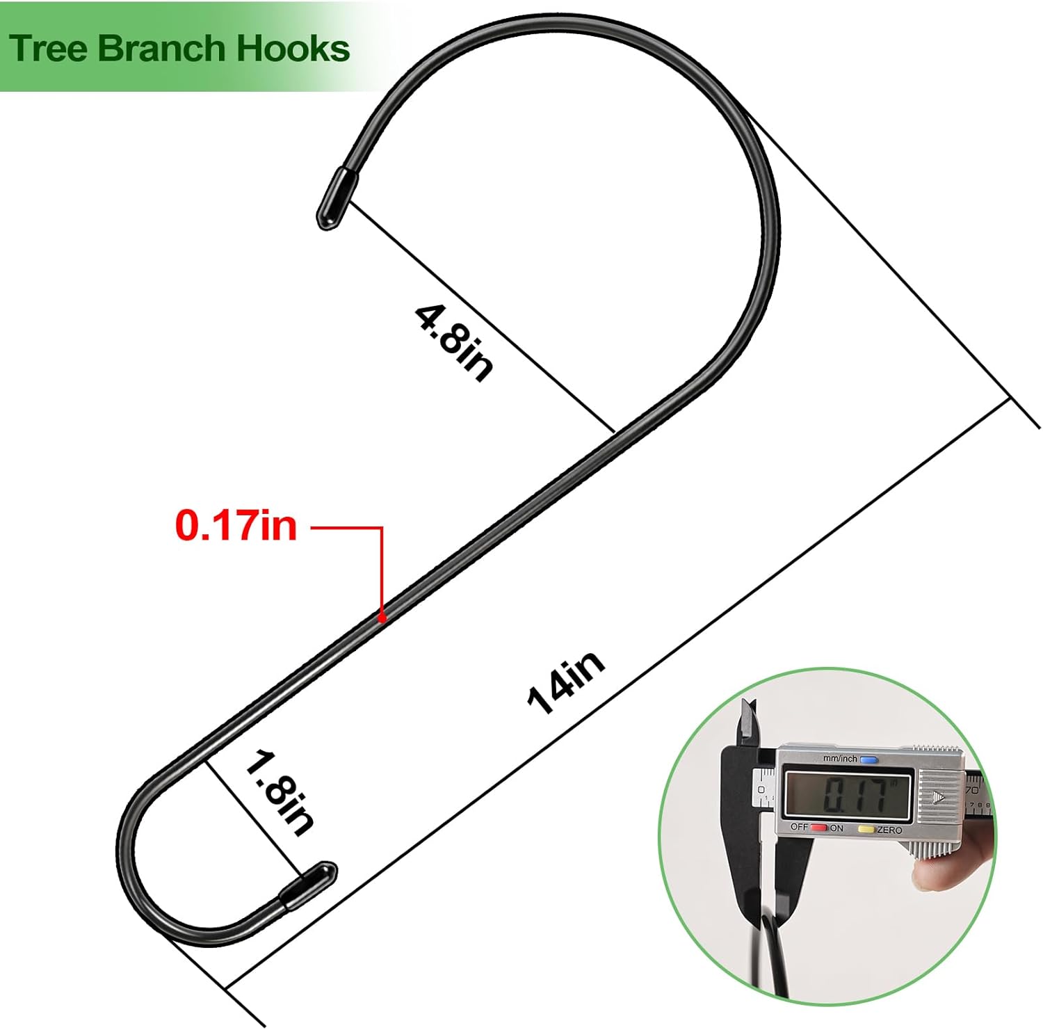 Skiennix Extra Large 14-Inch Tree Branch Hooks - Heavy Duty S Hooks for Bird Feeders & Hanging Plants | Black 4-Pack
