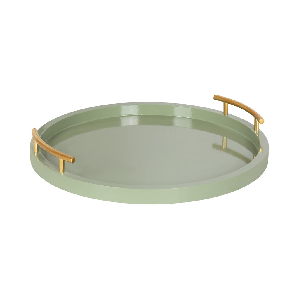 Kate and Laurel Halsey Decorative Wooden Round Tray with Polished Metal Handles, 16 Inch Diameter, Sage Green and Gold, Modern Glam Circle Serving Tray for Use as Ottoman Topper or Coffee Table Accent
