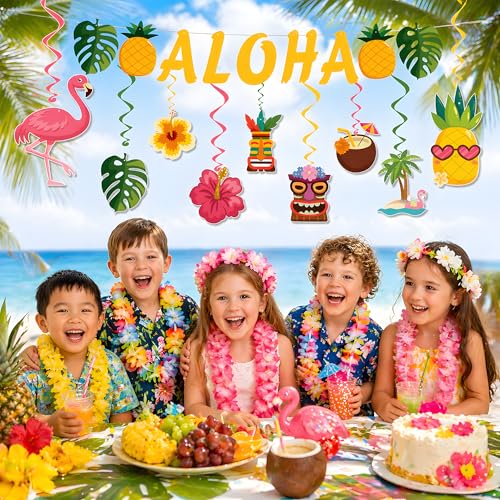 Hawaiian Luau Party Decorations Kit - 9PCS Hanging Swirls & ALOHA Banner