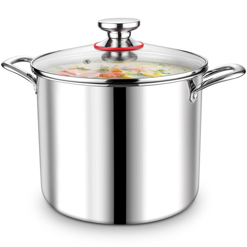 P&P CHEF 10 Quart Tri-Ply Stainless Steel Stockpot, Stock Pot with Visible Lid for Soup Pasta Vegetable, Induction Cooking Pot for All Stoves, Sturdy & Double Handle, Dishwasher Safe