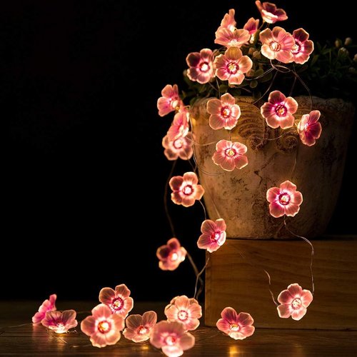 Cherry Blossom Flower String Lights, 10FT 30 LED Battery Powered Pink Fairy Lights USB Plug in Flowers Lights for Bedroom, Valentine’s Day, Room Wall Decor Decorations