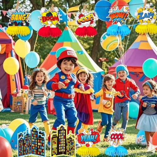 10 Pcs Hero Themed Honeycomb Centerpieces for Superhero Birthday Parties