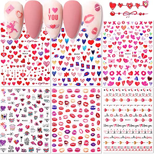 Valentine Hearts Nail Art Stickers 3D Self Adhesive Red Love Decals 6 Sheets