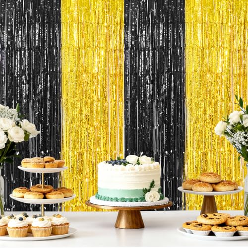 2-Pack Black and Gold Graduation Foil Fringe Curtain Backdrop - 2026