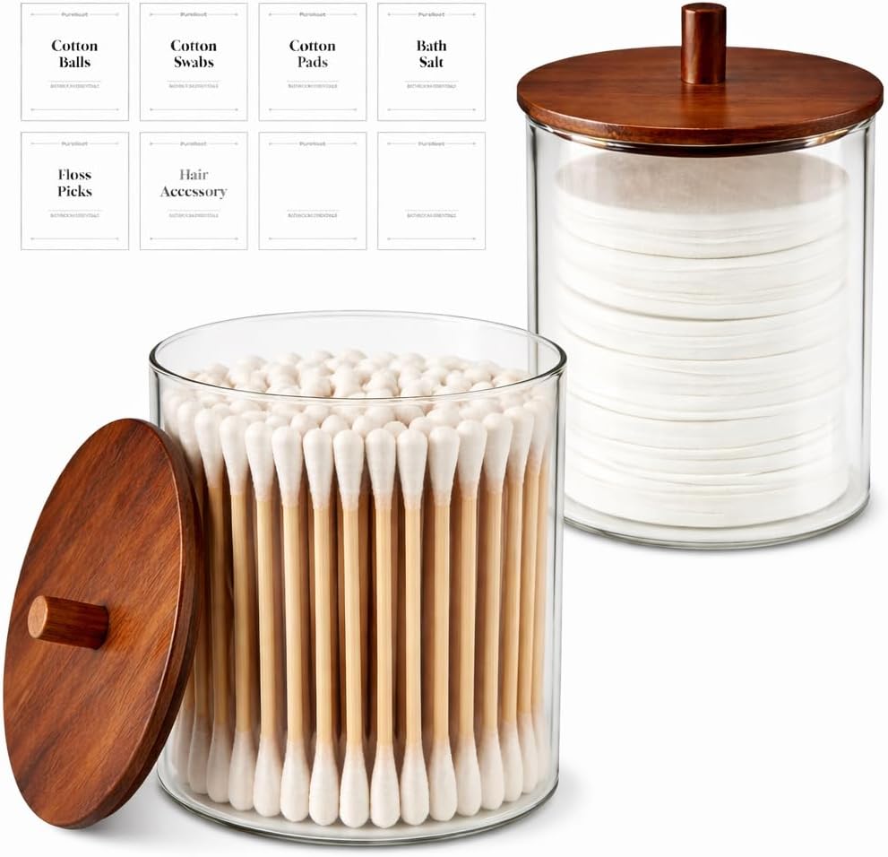 Skiennix Glass Qtip Holder Dispenser Set - 15oz & 10oz Cotton Swab Canisters with Acacia Lids | Bathroom Vanity Organizer (2 Pack)