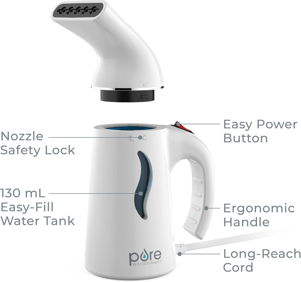 Pure Enrichment Portable Fabric Steamer - Fast-Heating Handheld Travel Steamer for All Fabrics | Lightweight & Safe (White)