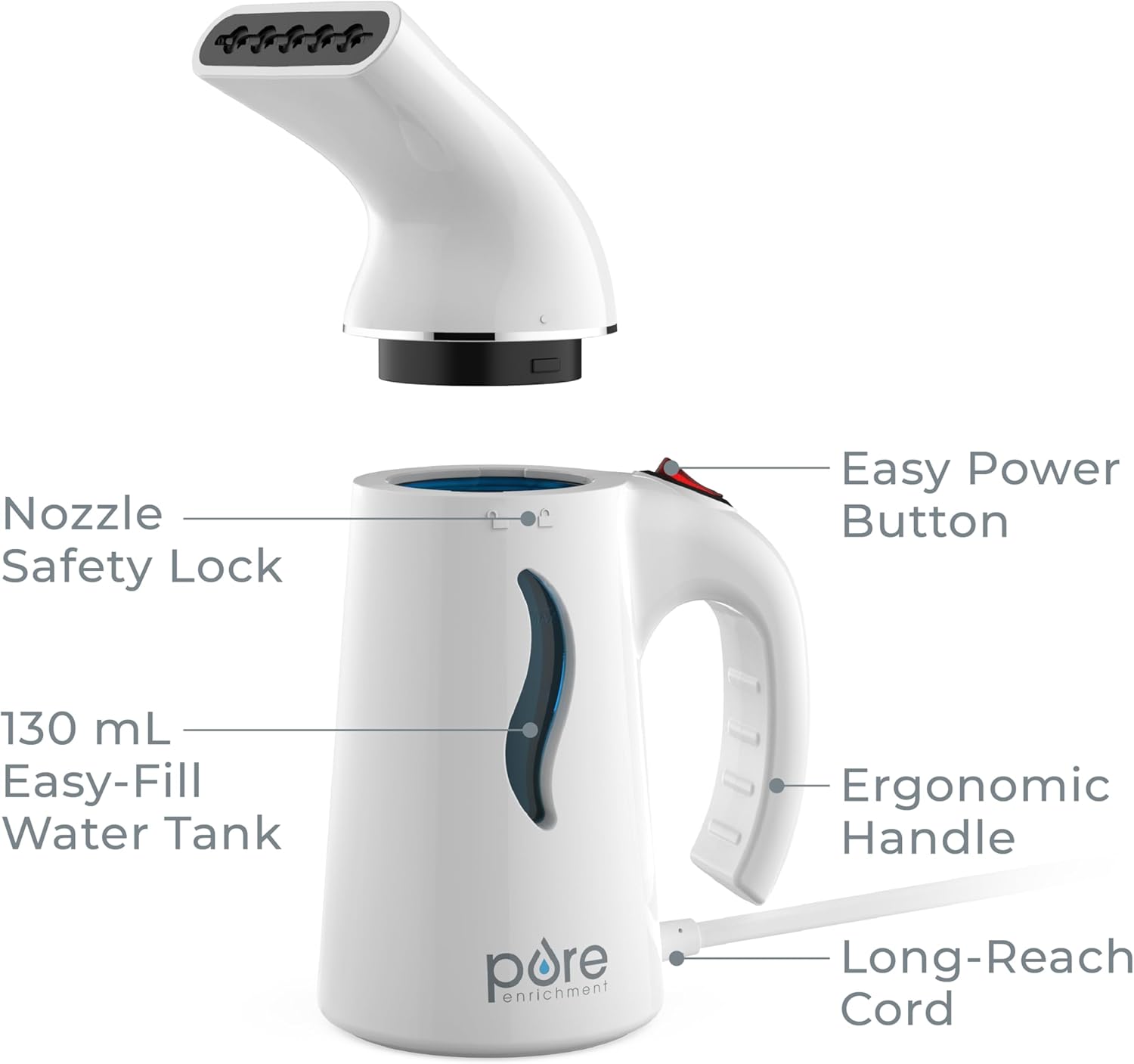 Pure Enrichment Portable Fabric Steamer - Fast-Heating Handheld Travel Steamer for All Fabrics | Lightweight & Safe (White)