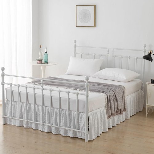 Bed Skirt Queen Size Ruffled Bed Skirt with Split Corners, 14 Inch Drop Dust Ruffle Bed Skirts with Platform, Boho Tufted Shabby Chic Full Size Bed Skirts, White