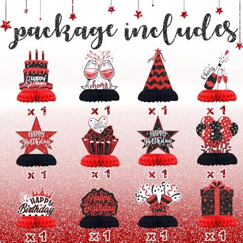 Celee Black and Red Birthday Decorations 12PCS Honeycomb Table Centerpieces - Elegant Adult Party Supplies