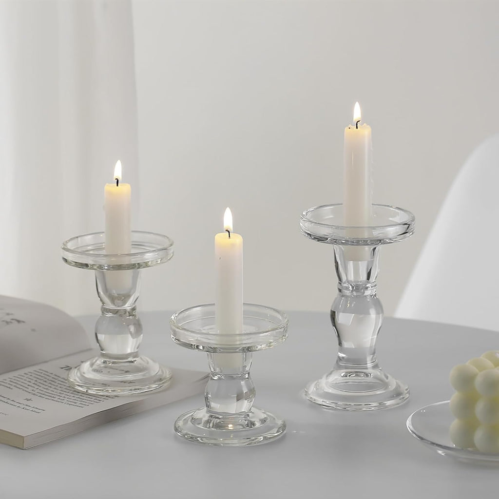 Skiennix Glass Candle Holders - Elegant 3-Piece Crystal Clear Design for Pillar & Taper Candles