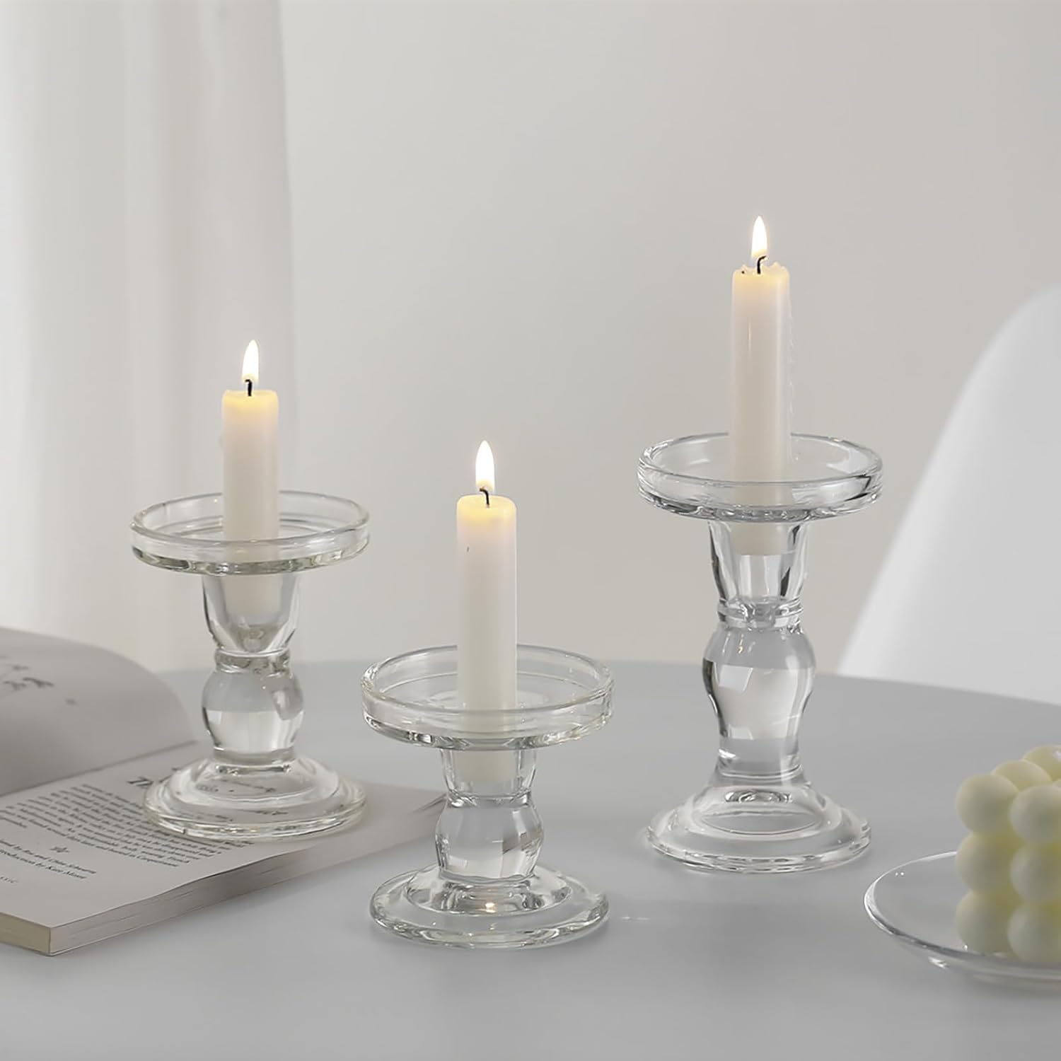 Skiennix Glass Candle Holders - Elegant 3-Piece Crystal Clear Design for Pillar & Taper Candles