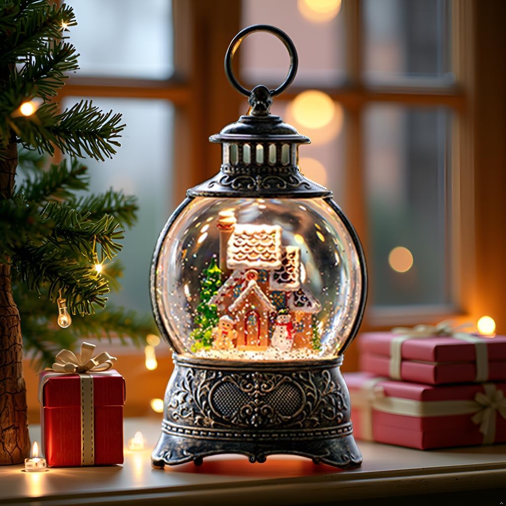 Regine Switzerland Christmas Snow Globe - Gingerbread Man & Snowman Water Lantern with Music & Timer | USB/Battery Operated Holiday Decor
