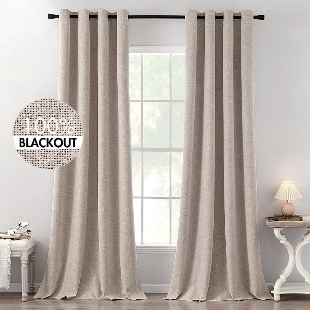 MIULEE Blackout Thermal Insulated Curtains - Linen Texture Grommet Drapes, Khaki, 52x120 Inch (2 Pack)