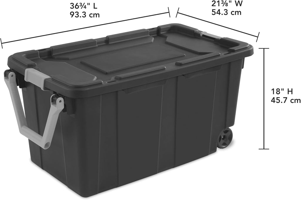 Rugged 40 Gallon Wheeled Industrial Tote by [Brand Name] - Durable Plastic Storage Bin with Latch Lid, Dark Gray