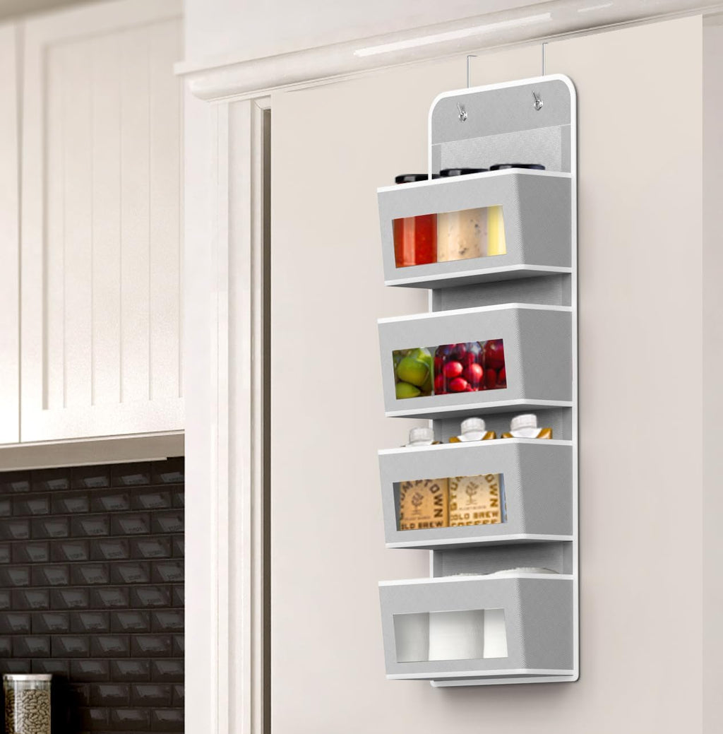 Simple Houseware 4-Pocket Over-Door Storage Organizer - Clear Window Design for Bedroom & Bathroom, Gray