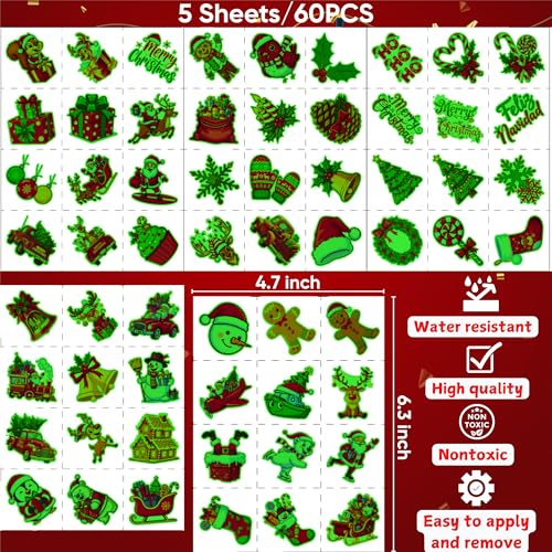Glow-in-the-Dark Christmas Temporary Tattoos - 60 Pcs Party Favors