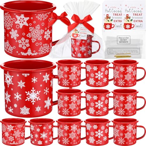 Christmas Enamel Mug Set 24 Pcs with Snowflake & Gingerbread Cards - Red