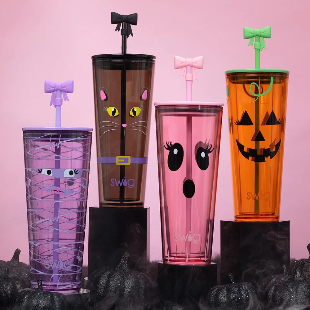Swig Life 24oz Plastic Tumbler, Halloween Cup Holder Friendly Travel Tumbler with Lid & Straw, BPA Free Plastic Cups, 24 oz Reusable Water Cup with Lid & Straw (Boo Crew Cat)