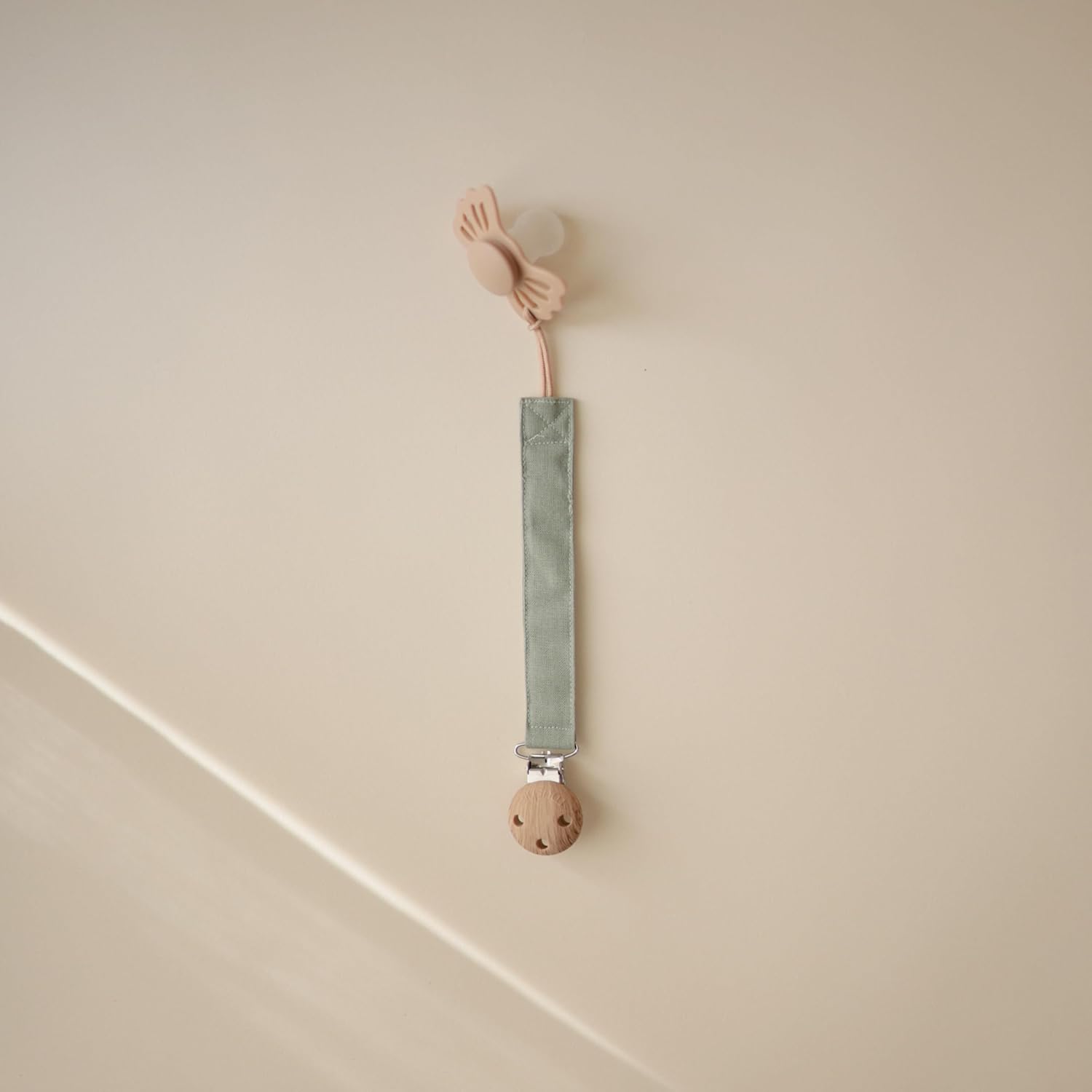 Mushie Linen Baby Pacifier Clip Holder - Soft Fabric Strap, 2-Pack in Olive & Shifting Sand