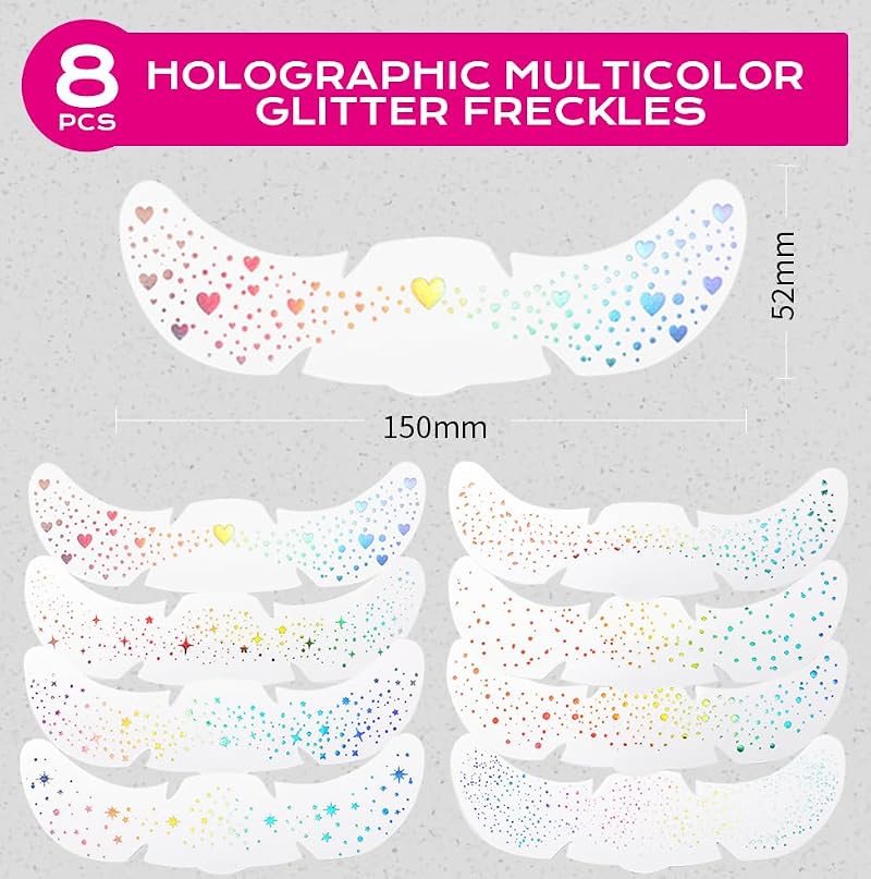 TEIHWAL 8 PCS Holographic Glitter Freckles Face Tattoo Stickers, Waterproof Rainbow Sparkle Makeup Patches for Music Festivals