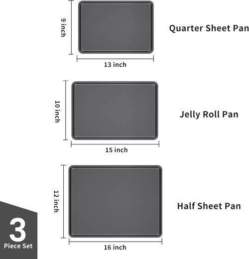 LISI Nonstick Baking Sheet Set - 3-Piece Carbon Steel Cookie Pan Set | Heavy-Duty Oven Trays (16"x12", 15"x10", 13"x9")