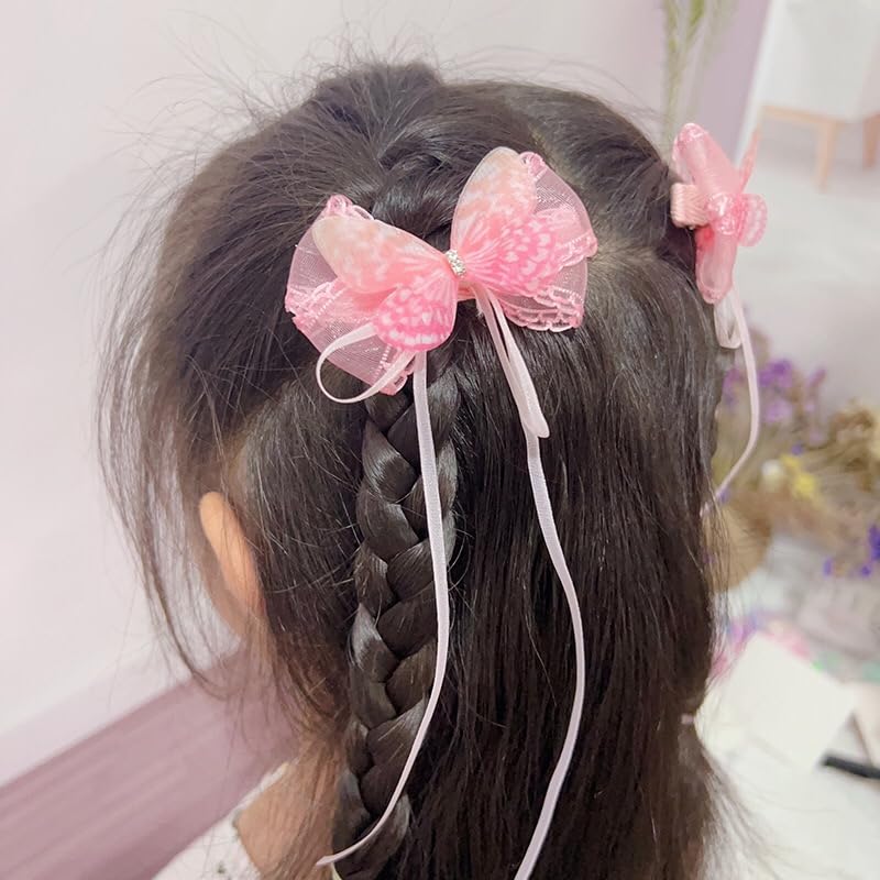 Pink Butterfly Hair Bow Barrette with Long Tassel Ribbons for Girls