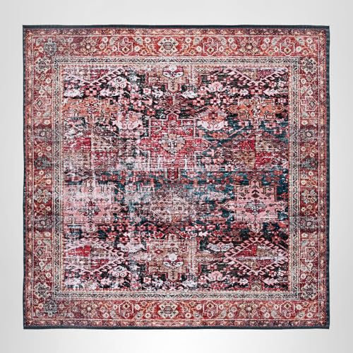SAFAVIEH Washable Rug Tucson Collection - 8' Square, Rust & Green, Slip Resistant & Easy to Clean, Ideal for Living Room, Bedroom, Dining Space (TSN114P)